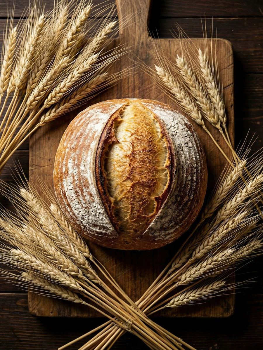 Pagnotta di pane a lievito madre circondata da spighe di grano