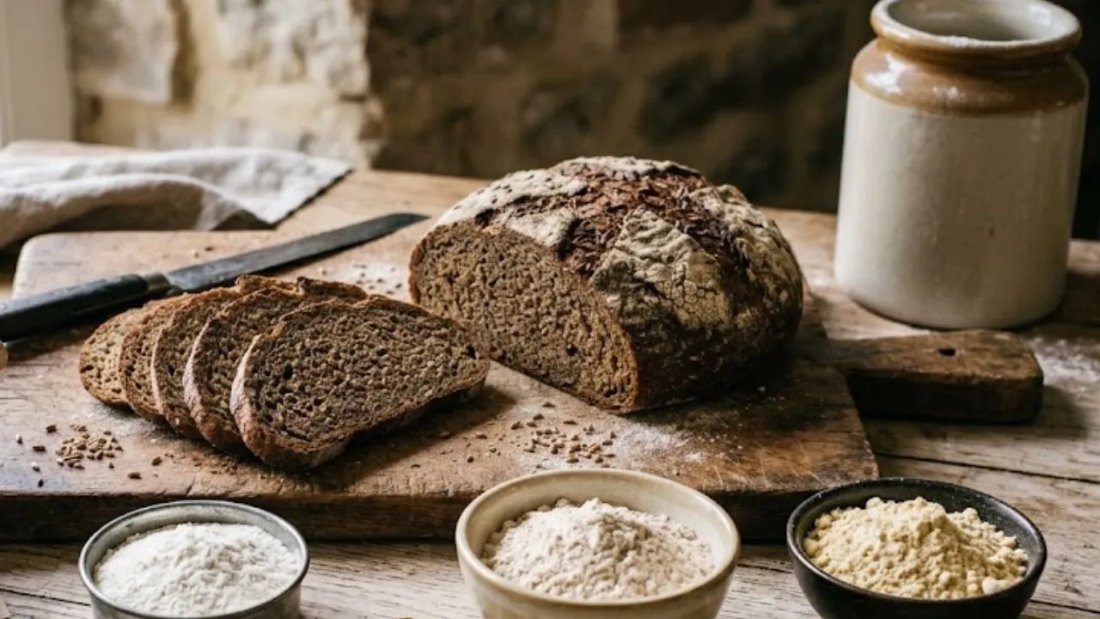 Pane a lievito madre affettato e farine senza glutine in ciotole